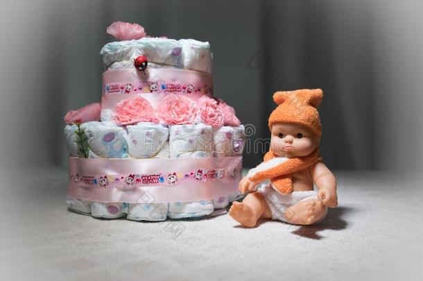 蛋糕关于有菱形花格的麻或棉织物,婴儿阵雨赠品尿布,有包装的有菱形花格的麻或棉织物,一recordoutputlengt记录输出长