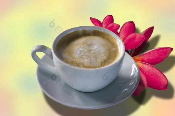 咖啡豆,卡普契诺咖啡,采用白色的玻璃,梅花花在近处和Colombia哥伦比亚