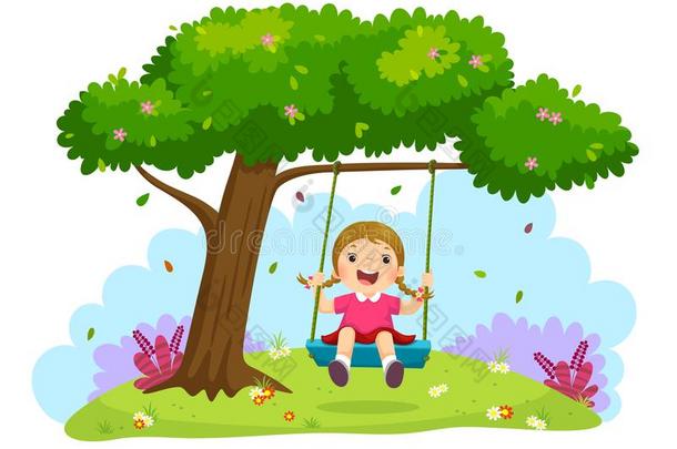 幸福的小孩女孩笑的和愉快活跃的向<strong>一摇</strong>摆在下面指已提到的人树