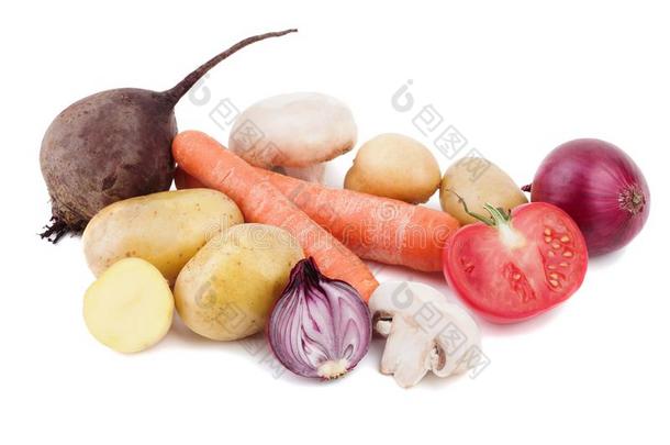 蔬菜关于马铃薯,蘑菇,胡萝卜,紫色的洋葱,番茄