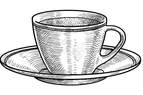 瓷杯子关于茶水说明,绘画,版画,墨水,线条