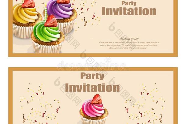 招待社交聚会卡片和纸杯蛋糕矢量.生日,婚礼,英语字母表的第5个字母
