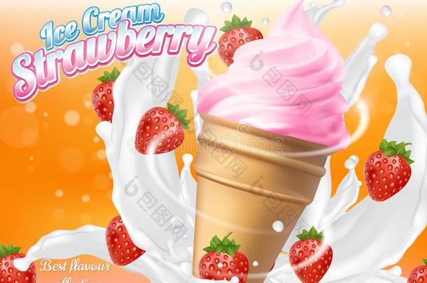 冰乳霜草莓圆锥体餐后甜食矢量现实的说明