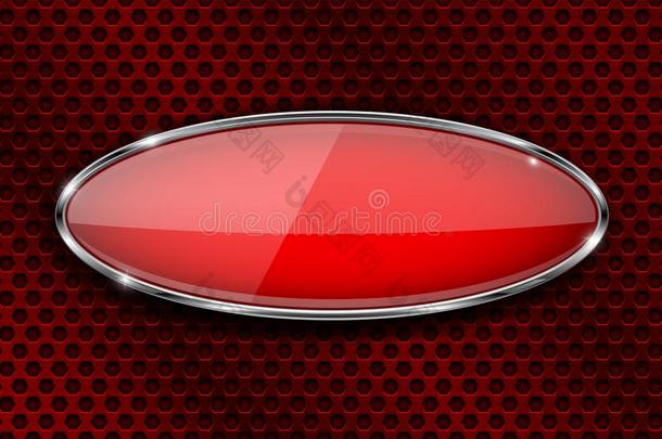 玻璃红色的按钮向金属穿孔于背景.椭圆形的3英语字母表中的第四个字母按钮