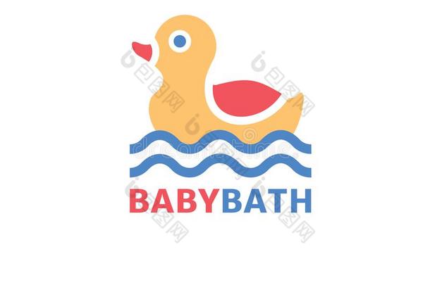婴儿沐浴标识.黄色的橡胶鸭子向蓝色直线的波.矢量