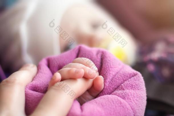 婴儿高加索人婴儿新生的手和手指父亲母亲朋友
