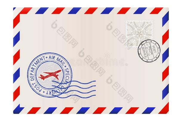 空白的信封和邮票和天空邮件邮戳