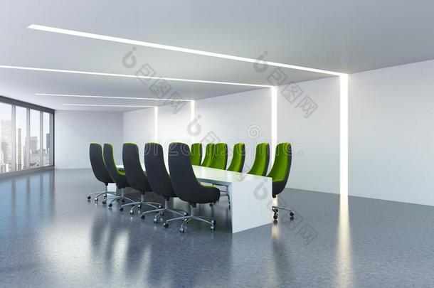 白色的会议房间,绿色的办公室椅子