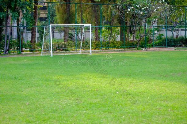 足球门和小的绿色的草地向排练比赛