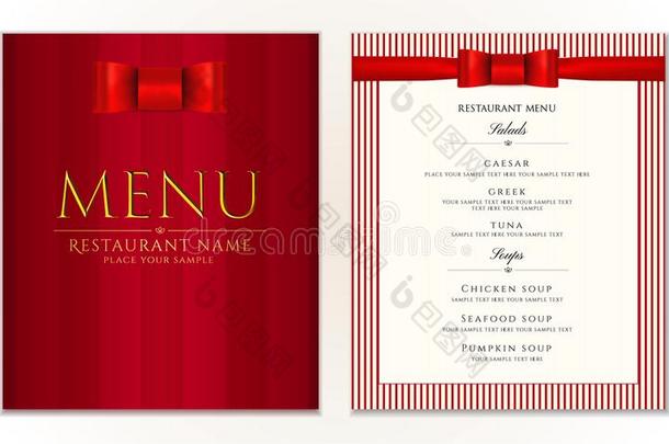 设计饭店菜单样板和红色的弓带和条.