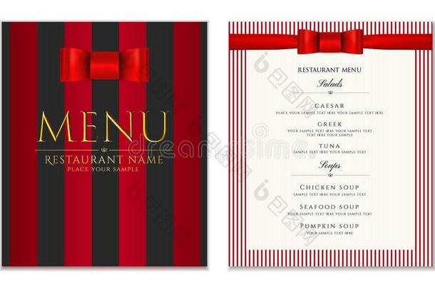 设计饭店菜单样板和红色的弓带和条.