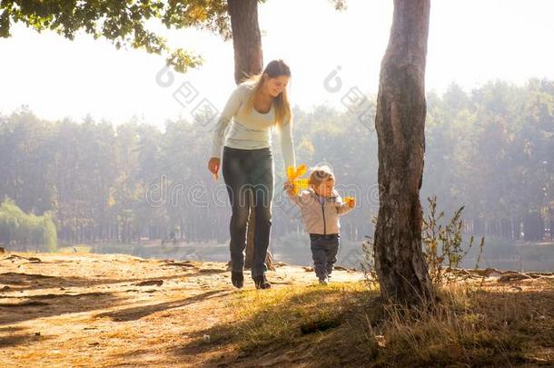 美丽<strong>的</strong>微笑<strong>的</strong>母亲和蹒跚<strong>行走的</strong>人儿子步行采用公园在太阳