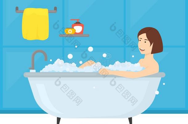 漫画女人采用浴室浴缸卡片海报.矢量