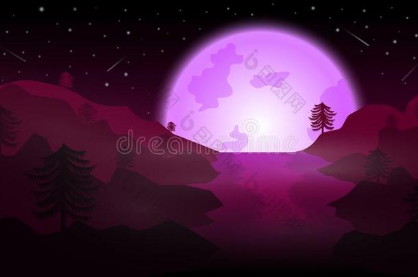 湖和紫色的满的月亮;松树种植向山;美丽的夜