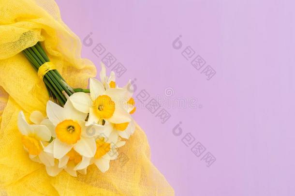 水仙花花束和黄色的纺织品装饰向紫罗兰彩色粉笔