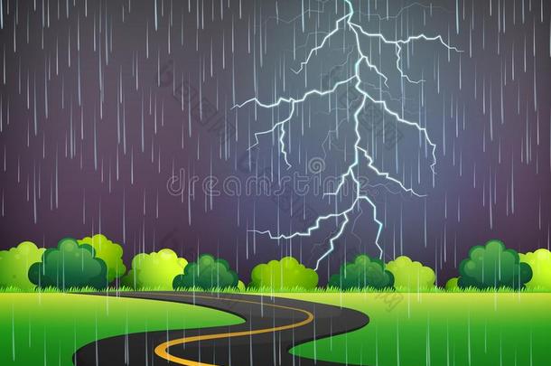 路旅游在下面雷电交加的暴风雨夜