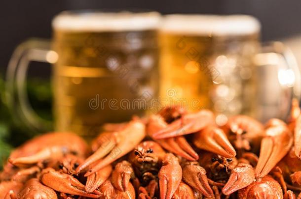 喝醉的淡水螯虾和啤酒向木制的背景