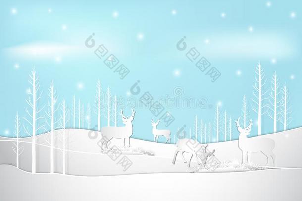 冬假日<strong>鹿</strong>和雪和蓝色天背景.圣诞节