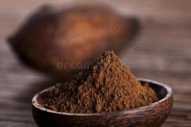 可可豆采用指已提到的人干的干燥的可可荚成果向木制的背景
