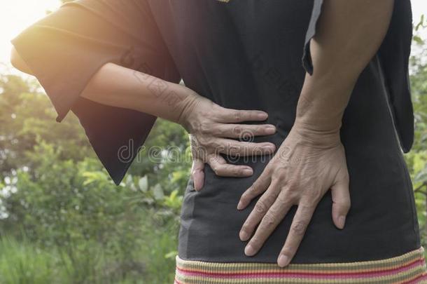 一女人受苦从背痛,脊柱的伤害和肌肉问题