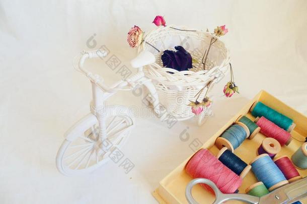 装饰的玩具自行车,干燥的<strong>蔷薇花</strong>蕾和线向<strong>白色</strong>的后台