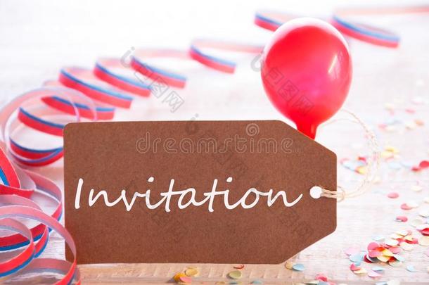 社交聚会标签和彩色纸带,气球,文本招待