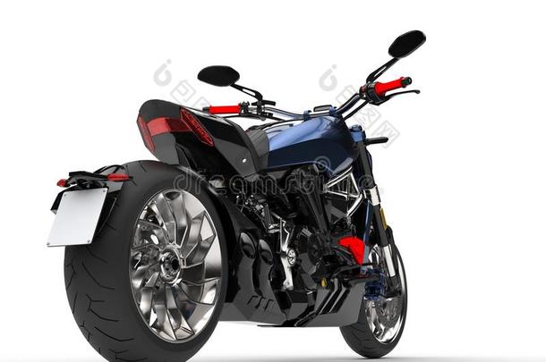 令人敬畏的金属的蓝色现代的斩波器摩托车-饲养轮子克洛