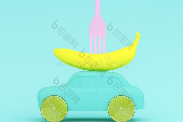 <strong>柠檬</strong>成果布局轮子和餐叉,香蕉,汽车蓝色向<strong>彩色</strong>粉笔balls球