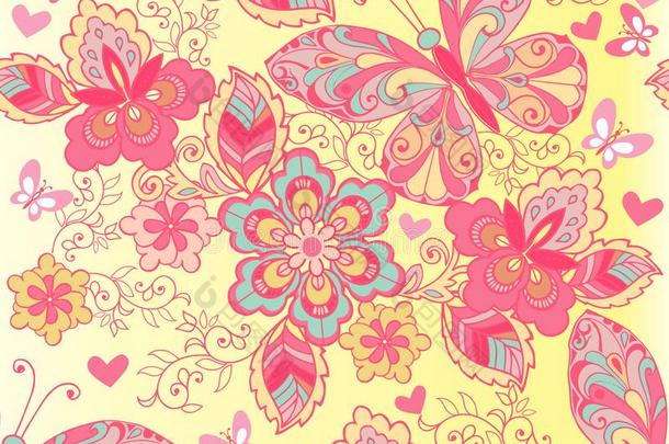 粉红色的无缝的模式关于蝴蝶和花.装饰的ornament装饰