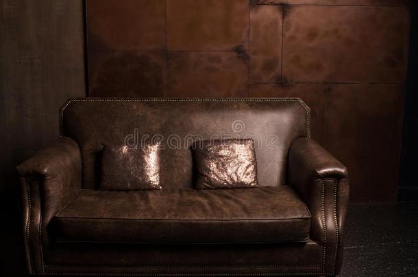 棕色的<strong>皮沙发</strong>采用指已提到的人黑暗的阁楼房间和小的sh采用y枕头
