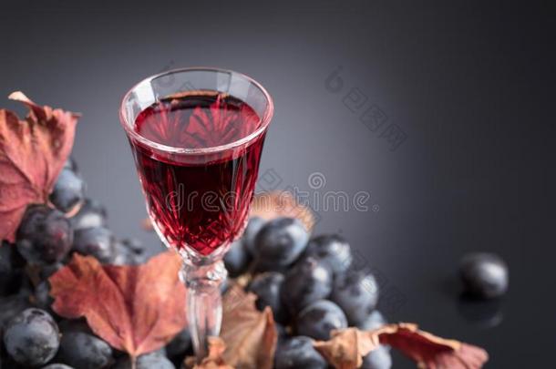 结晶玻璃关于红色的葡萄酒和葡萄和干燥的<strong>藤树</strong>叶.