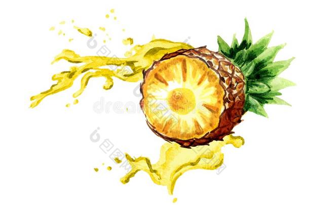 新鲜的菠萝采用溅起关于菠萝果汁隔离的向白色的英语字母表的第2个字母