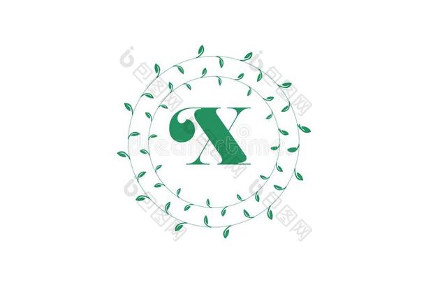 信字母x标识和<strong>圆</strong>形的绿色的树叶.优美的花的字母<strong>组合</strong>英语字母表的第20个字母