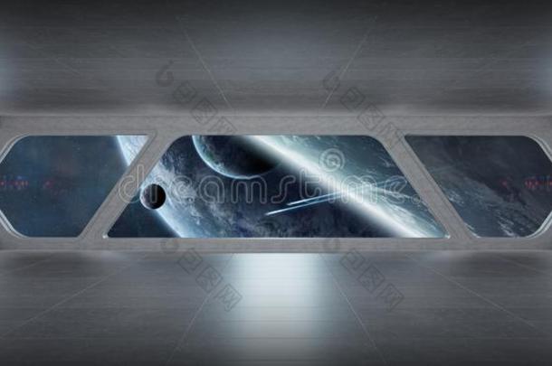 宇宙飞船未来的灰色的蓝色内部和看法向外星球