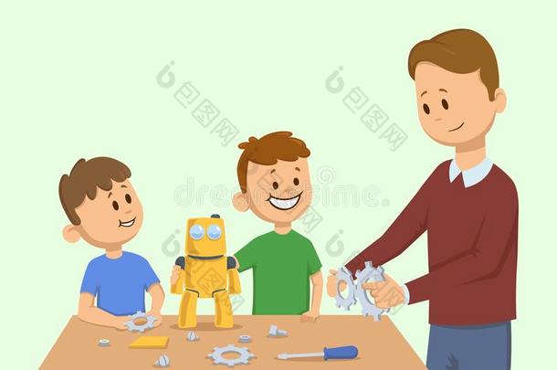 微笑的小孩和一m一nm一king黄色的玩具机器人同时.M一n一ss