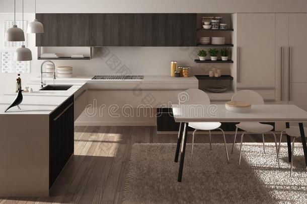 现代的极简主义木制的厨房和进餐表,地毯和