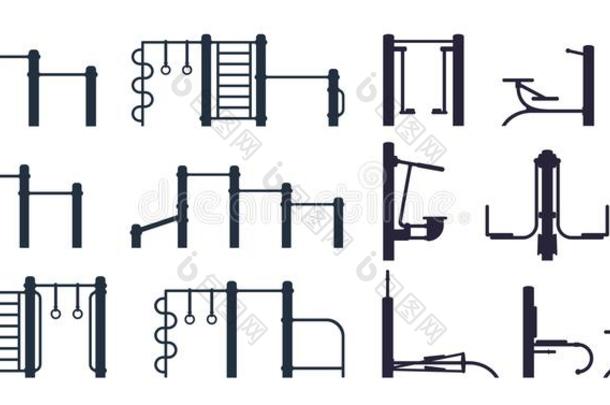 <strong>户外</strong>的锻炼健身房黑的轮廓设备和<strong>运动鞋</strong>马基