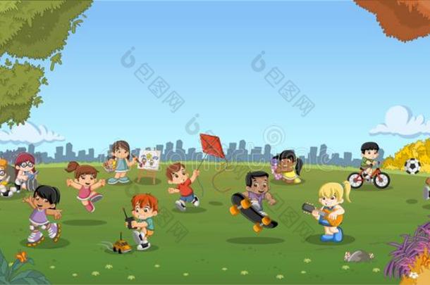 绿色的草风景和漂亮的漫画小孩演奏.