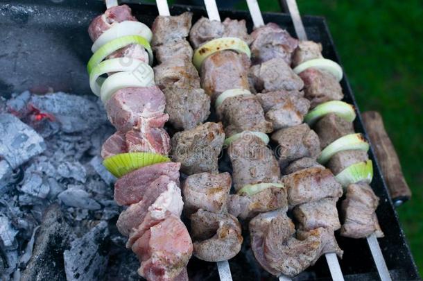 希什河烤腌羊肉串用于烤炙的向指已提到的人烧烤.barbecue吃烤烧肉的野餐社交聚会.关-在上面.
