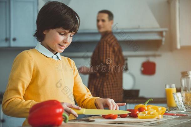 享有小孩帮助他的爸爸采用厨房