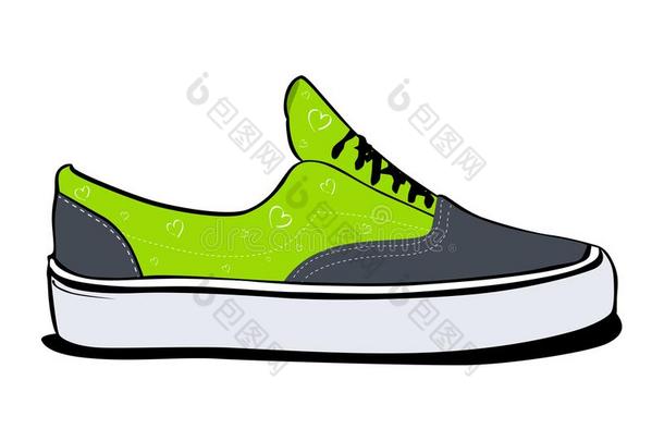 一副关于旅游鞋,一面看法采用绿色的颜色