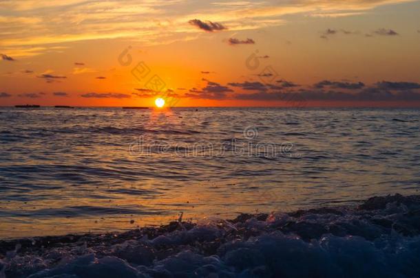 令人惊异的海日落,指已提到的人太阳,波,云
