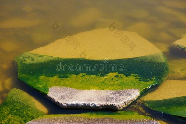 大的石头采用绿色的水采用阴影和煦的：照到阳光的一天夏北欧人天然的