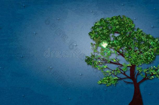说明关于夏绿色的树向背景布满星星的<strong>夜</strong>机智
