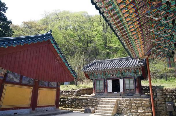 朝鲜人传统的木制的庙建筑物和平铺的屋顶