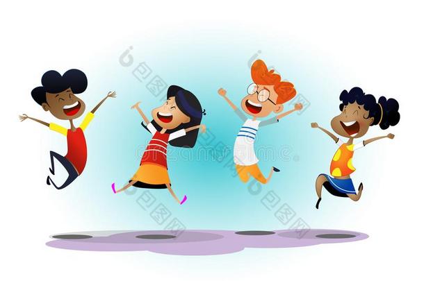 幸福的学校多种族的孩子们喜悦地用于跳跃的