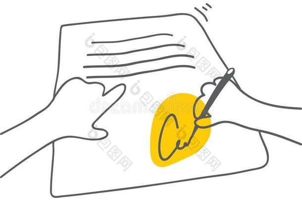 签署文档男人签署文档和黄色的重音向符号