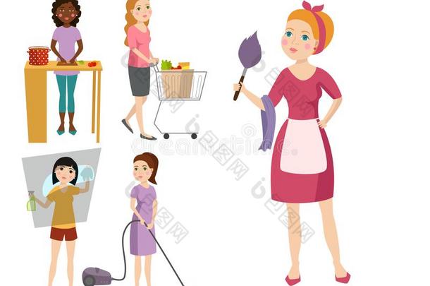 家庭主妇料理家务者女人漂亮的清洁漫画女孩家庭主妇