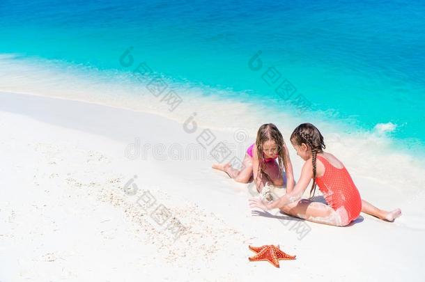 值得崇拜的小的女儿和海星向指已提到的人海滩