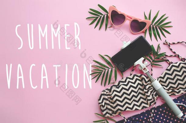 夏假期文本向时髦的粉红色的太阳镜,现代的游泳衣